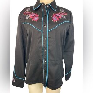Scully Black Button Down Shirt with Pink and Blue Embroidery